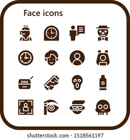 face icon set. 16 filled face icons.  Collection Of - Call center, Clock, User, Clown, Man, Pet, Safety glasses, Scream, Shampoo, Portrait, Eyebrow pencil, Avatar, Skull icons