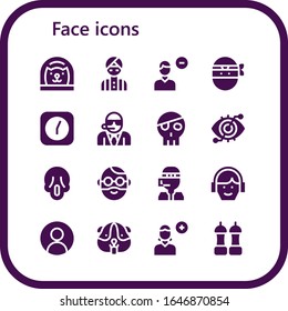 face icon set. 16 filled face icons. Included Cat, Man, Remove user, Ninja, Clock, Bodyguard, Skull, Eye scan, Scream, Call center, Avatar, User, Hamster, Add user, Salt icons