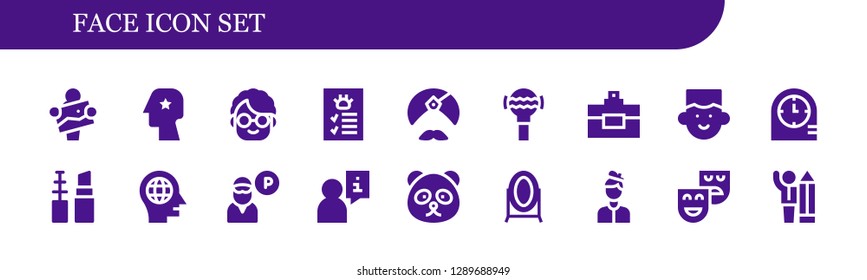  face icon set. 18 filled face icons. Simple modern icons about  - Artist, Head, Grandmother, Profile, Man, Rattle, Perfume, Avatar, Clocks, Make up, Guard, User, Panda bear, Mirror