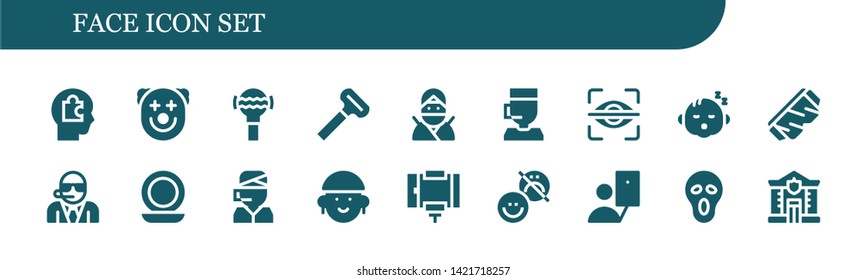 face icon set. 18 filled face icons.  Simple modern icons about  - Head, Clown, Rattle, Razor, Ninja, Call center, Eye scan, Baby, Safety glasses, Bodyguard, Mirror, Avatar, Selfie stick