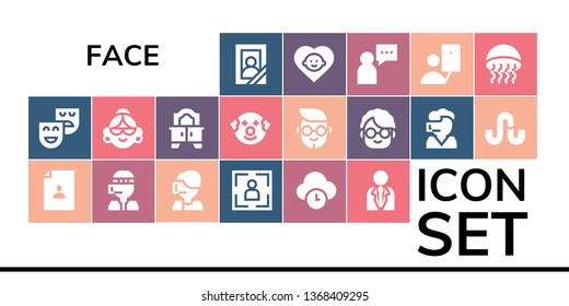 face icon set. 19 filled face icons.  Collection Of - Portrait, Theatre, User, Call center, Time, Businessman, Avatar, Mirror, Clown, Boy, Grandmother, Stumbleupon, Baby, Selfie