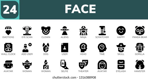 face icon set. 24 filled face icons.  Collection Of - Emotions, Eye scan, Clown, Aliens, Ninja, Scratcher, Happy, Panda bear, Wall clock, Add user, Dog, User, Head, Time, Skull