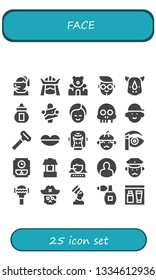 face icon set. 25 filled face icons.  Collection Of - Call center, Samurai, Teddy bear, Boy, Rhino, Ossuary, Artist, Makeup, Skull, Avatar, Razor, Lips, Gorilla, Man, Eyebrow pencil