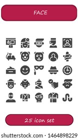 face icon set. 25 filled face icons.  Simple modern icons about  - Profile, Woman, Avatar, Call center, Face, Mouse toy, Clown, Panda bear, User, Artist, Hair mask, Happy, Eye mask