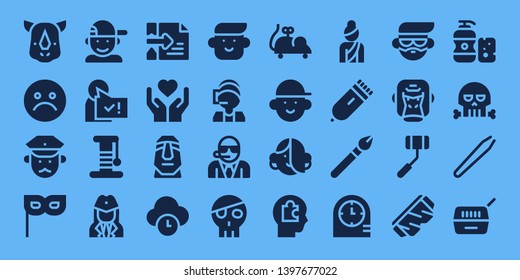 face icon set. 32 filled face icons. on blue background style Simple modern icons about  - Rhino, Unhappy, Policeman, Mask, Boy, User, Scratcher, Stewardess, Hacker, Emotion, Moai