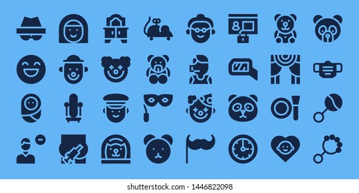 face icon set. 32 filled face icons. on blue background style Collection Of - Hacker, Happy, Baby, Remove user, Avatar, Clown, Mirror, Injection, Police, Cat, Mouse toy, Teddy bear