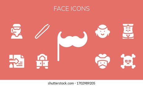 face icon set. 9 filled face icons. Included Moustache, Mirror, Hair removal, Hacker, Call center, Skull, Human body, Bandit, Avatar icons