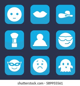 face icon. Set of 9 face filled icons such as shaving brush, lips, woman hat, emoji in mask, sad emot, cool emot in sunglasses, upset emot, ghost