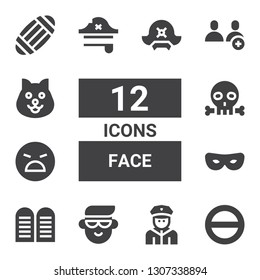 face icon set. Collection of 12 filled face icons included Salt, Policeman, Avatar, Commandments, Mask, Angry, Skull, Pirate hat, Users, Dog, Masks