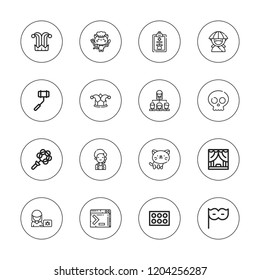 Face icon set. collection of 16 outline face icons with call center, command, cat, eye mask, eyeshadow, hacker, joker, kitty, ninja, pet, rattle, selfie stick, skull icons.