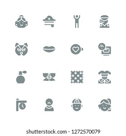 face icon set. Collection of 16 filled face icons included Avatar, Man, User, Clock, Joker, Ground pad, Mask, Perfume, Time, Expresso, Lips, Call center, Pirate hat