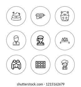 Face icon set. collection of 9 outline face icons with call center, eyeshadow, hamster, injection, office worker, poop, wig icons. editable icons.