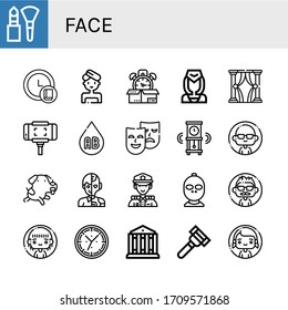 face icon set. Collection of Makeup, Clock, Woman, Time, Flight attendant, Theatre, Selfie stick, Blood type, Masks, Wall clock, Man, Dog, Human, Police, Thief, Razor icons