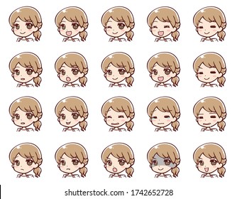Face icon set with various expressions of cute anime housewives