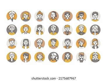 Face icon set of various races and ages Comical handwritten person vector, warm line drawing