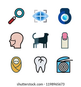 face icon set. vector set about loupe, baby, broken tooth and lens icons set.