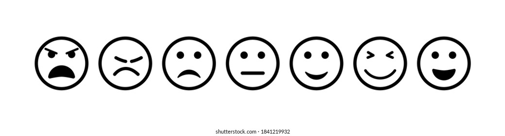 Face Icon. Smile And Sad Emoji. Happy And Bad Smiley For Feedback. Outline Emoticon Of Sentiment, Satisfaction. Survey For Customers. Unhappy, Normal, Positive, Angry, Dislike Feeling. Vector.