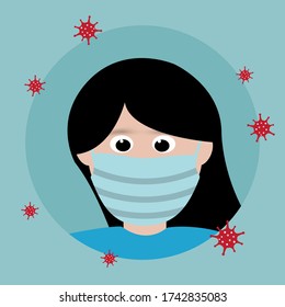 face icon of straight women cartoon wearing mask for protect Coronavirus. COVID-19 outbreak concept.
