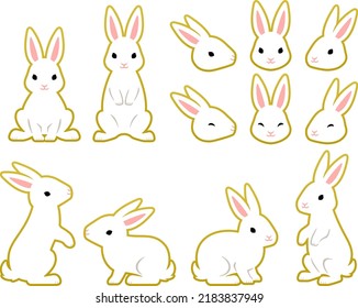 Face Icon And Whole Body Illustration Set Of White Rabbits With Golden Outline