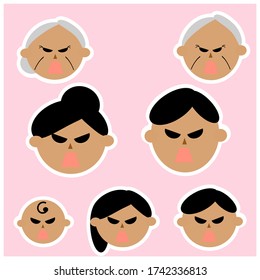 Face icons of Asian, black hair family members. Vector illustrations image. Upset, grumpy, yelled emotions 