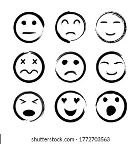 Face Icons. Emoticon With Emotions Of Happy, Sad, Funny, Angry, Love, Cry And Laugh. Sketch Smiles. Set With Doodle Emoji. Black Smiley In Line Style. Handdrawn Cartoon Persons. Kid Symbols. Vector.