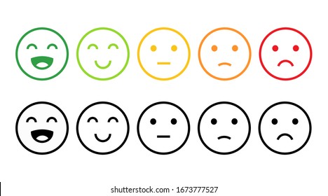 Face icons, Feedback in form of emotions. Rank, level of satisfaction rating. User experience. Review of consumer. Scale with colored segments. Vector Isolated illustration