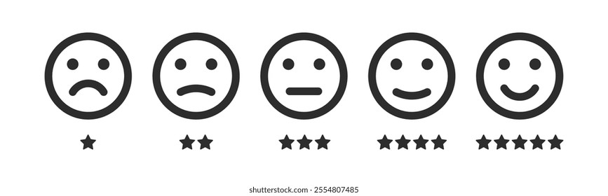 Face icons, Feedback in form of emotions with five level star rating scale. Emoticon icons. Level of satisfaction rating. User experience. Customer review. Customer service and satisfaction concept.