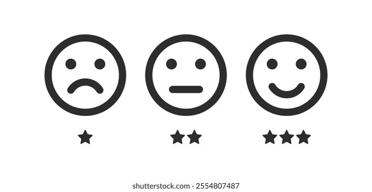 Face icons, Feedback in form of emotions with five level star rating scale. Emoticon icons. Level of satisfaction rating. User experience. Customer review. Customer service and satisfaction concept.