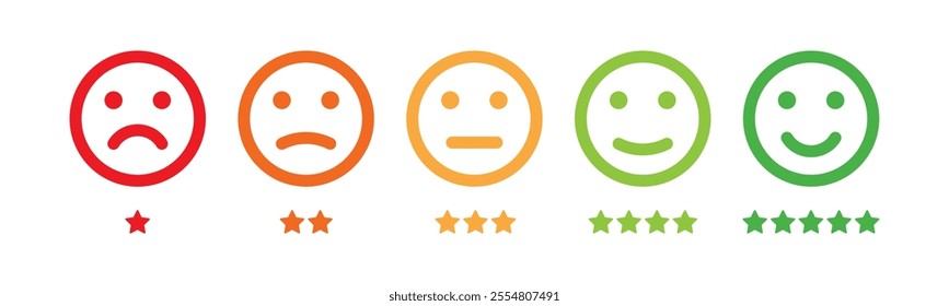 Face icons, Feedback in form of emotions with five level star rating scale. Emoticon icons. Level of satisfaction rating. User experience. Customer review. Customer service and satisfaction concept.