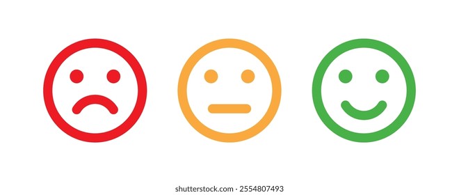 Face icons, Feedback in form of emotions rating scale. Emoticon icons. Level of satisfaction rating. User experience. Customer review. Customer service and satisfaction concept.