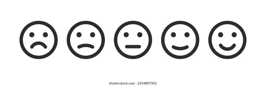 Face icons, Feedback in form of emotions rating scale. Emoticon icons. Level of satisfaction rating. User experience. Customer review. Customer service and satisfaction concept.