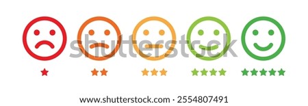 Face icons, Feedback in form of emotions with five level star rating scale. Emoticon icons. Level of satisfaction rating. User experience. Customer review. Customer service and satisfaction concept.