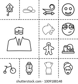 Face icons. set of 13 editable outline face icons such as child bicycle, baby toy, baby, curly hair, spa mask, smile, rolling eyes emoji, wrist watch, pendulum, panther, brush
