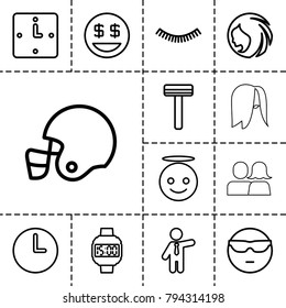 Face icons. set of 13 editable outline face icons such as woman hairstyle, razor, eyelash, businessman, cool emot in sunglasses, emoji angel, dollar smiley