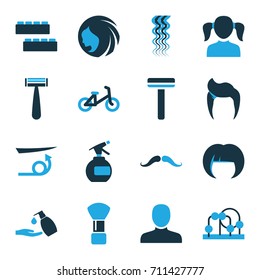 Face icons set. set of 16 face bi-color icons such as child bicycle, child building kit, baby toy, man hairstyle, mustache, woman hairstyle, man, girl, razor, shaving brush