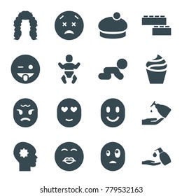 Face icons. set of 16 editable filled face icons such as cream, liquid soap, woman hat, emoji showing tongue, kiss emot, upset and worry emot, crawling baby, baby