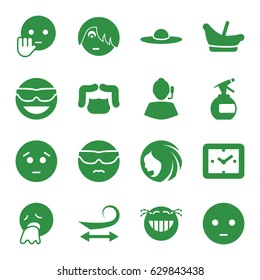 Face icons set. set of 16 face filled icons such as baby basket, woman hairstyle, spray bottle, curly hair, man hairstyle, woman hat, emot in sun glasses, sad emot, support