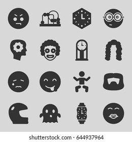 Face icons set. set of 16 face filled icons such as baby, baby toy, hairstyle, man hairstyle, gear in head, crying emot, angry emot, nerd emoji, ghost, wall clock, wrist watch