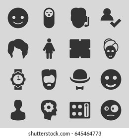 Face icons set. set of 16 face filled icons such as baby food, clock, woman hairstyle, man hairstyle, eyeshadow palette, spa mask, gear in head, smiling emot, surprised emot
