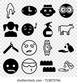Face icons set. set of 16 face filled and outline icons such as baby girl, child building kit, girl, bllade razor, spray bottle, liquid soap, emoji listening music, nerd emoji