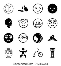 Face icons set. set of 16 face filled and outline icons such as baby, woman hairstyle, woman in spa, liquid soap, sad emot, rolling eyes emot, face, pendulum, child bicycle