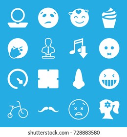 Face icons set. set of 16 face filled and outline icons such as mustache, nose, clock, powder, woman face with flower in hair, cream, laughing emot, sad emot, wall clock