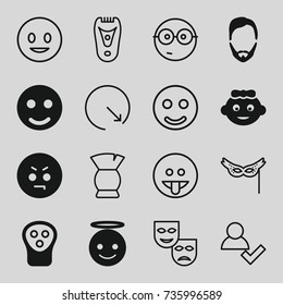 Face Icons Set. Set Of 16 Face Filled And Outline Icons Such As Baby Girl, Man Hairstyle, Electric Razor, Angry Emot, Emoji Angel, Brush, Mask, Wall Clock, Smiling Emot