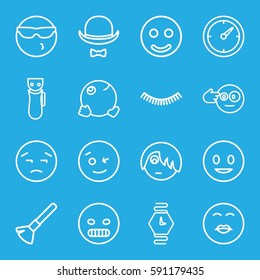 face icons set. Set of 16 face outline icons such as electric razor, shaving brush, eyelash, hat and moustache, clock, wrist watch, smiling emot, wink emot, dancing emoji