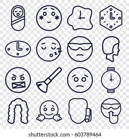 Face icons set. set of 16 face outline icons such as baby food, shaving brush, hairstyle, face, wall clock, wrist watch, sad emot, cool emot in sunglasses, shy emoji