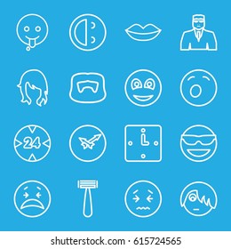 Face icons set. set of 16 face outline icons such as razor, woman hairstyle, man hairstyle, lips, security guy, smiley, wall clock, 24 hour, emot in sun glasses, crying emot