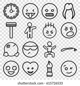Face icons set. set of 16 face outline icons such as baby, woman hairstyle, razor, brush, businessman, heart face, wall clock, crazy emot, wink emot