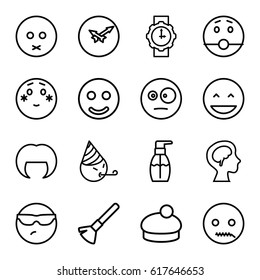 Face icons set. set of 16 face outline icons such as shaving brush, woman hairstyle, bottle soap, woman hat, human brain, wall clock, wrist watch for woman, laughing emot