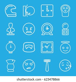 Face icons set. set of 16 face outline icons such as razor, clock, man hairstyle, eyeshadow palette, electric razor, brush, bust, wall clock, wrist watch, angry emot