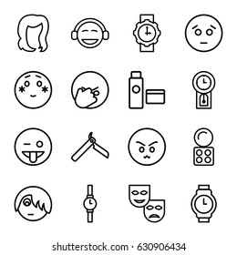 Face icons set. set of 16 face outline icons such as bllade razor, hairstyle, eyeshadow palette, cream tube, wrist watch, wrist watch for woman, pendulum, sad emot, angry emot